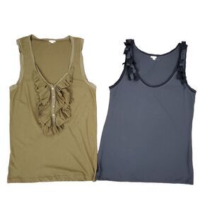 Lot of 2 J.Crew Tank Top M Ruffle Fringe Gray Olive Green Dark Coquette Grunge